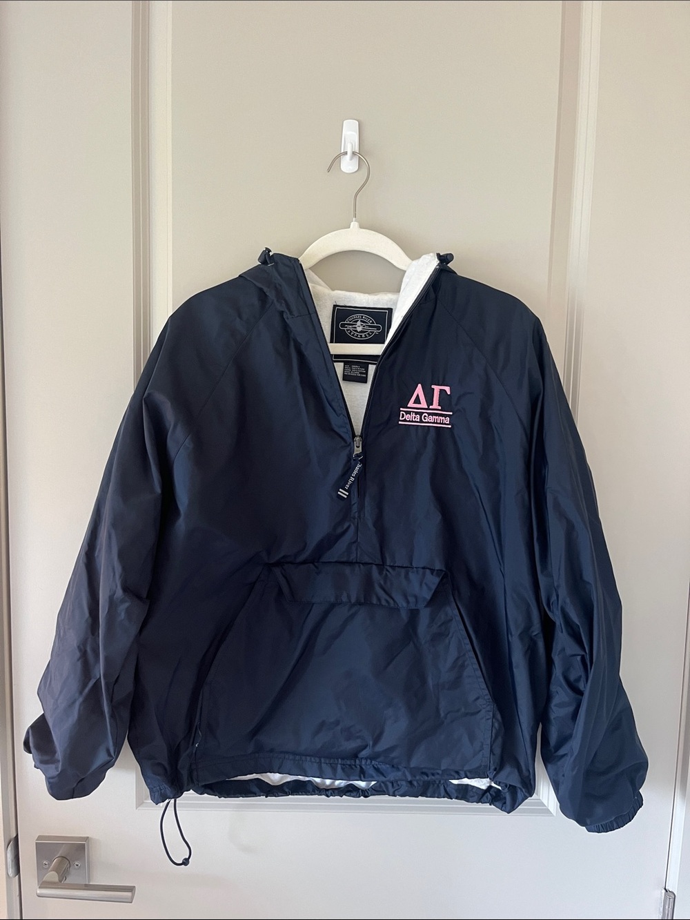 Vintage Charles River Apparel Navy Windbreaker with Pink Delta Gamma Embroidery